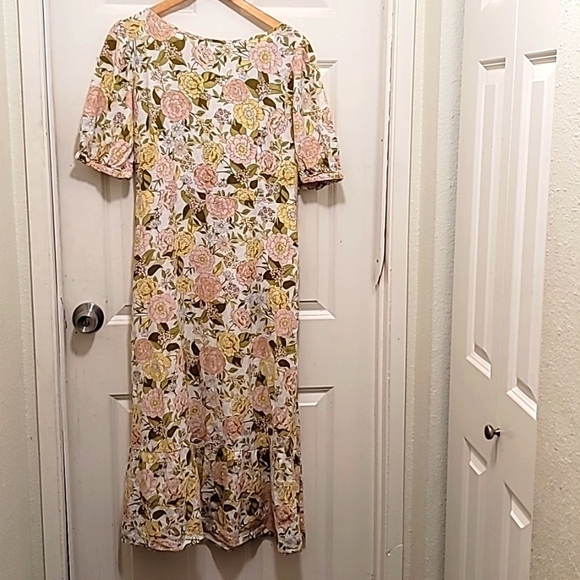 WHO WHAT WEAR WOMEN'S FLOWERS PRINT LINEN RAYON DRESS SHORT SLEEVE SZ L - Picture 1 of 10